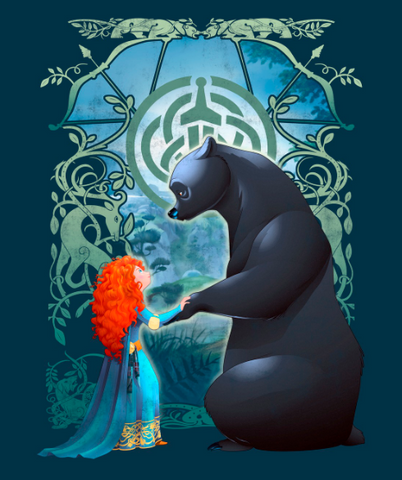 Merida and her Mother Bear holding each other's hands in front of Celtic symbol