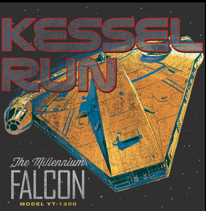 A vintage graphic portrays the infamous Millennium Falcon that reads "Kessel Run The Millennium Falcon Model YT-1300" in distressed text