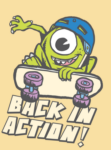 Mike skateboarding with a blue helmet with the text, "back in action!"