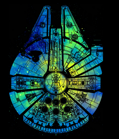 Watercolor outline of the millennium falcon in blue and green