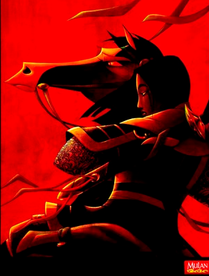 movie poster featuring the classic animation of Mulan and her horse, Khan, is printed against a dark red background