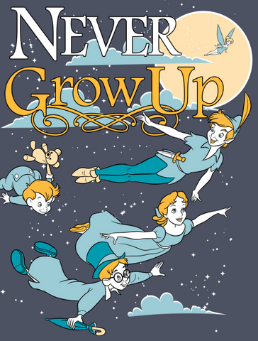 John, Michael, Wendy, Tinkerbell, and Peter Pan flying amongst the clouds and the moon with text, "Never grow up"