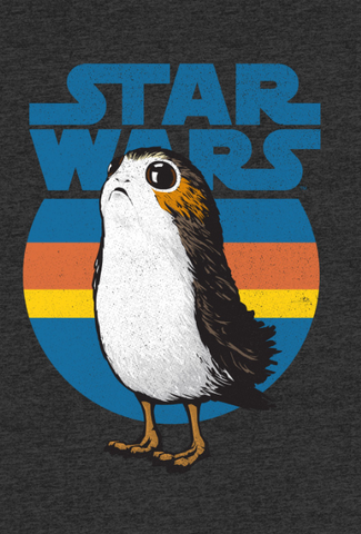 cartoon Porg is printed across the Star Wars logo and a 1970's inspired pattern