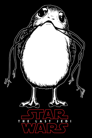  Porg holds a piece of grass in its mouth in preparation for nest building, while the Last Jedi logo is printed below