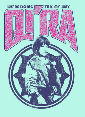 Qi'ra is portrayed in distressed print with "We're Doing This My Way Qi'ra" in pink