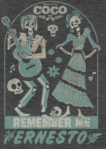 Hector and Imelda are shown in their skeleton form with "Remember Me Ernesto"