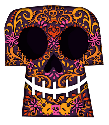  A grinning orange and pink sugar skull with guitars and Miguel in the design