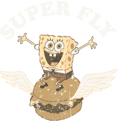 SpongeBob flies across this black scoop neck tee in a distressed image of a cheeseburger with wings and "Super Fly" above him