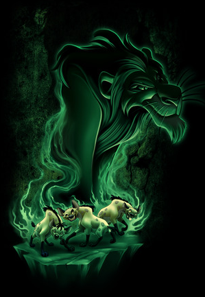 Hyenas from Lion King is surrounded by green flames. The rising flames turns into a green smoke figure of Scar. 