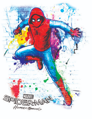 Peter Parker is hanging on a brick wall in his handmade costume and surrounded by colorful paint splatter