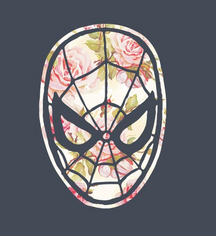 Spider-Man's mask in a pink and green floral print