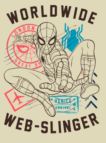 Outline of Spider-man with stamps from European countries and text, "worldwide web-slinger"