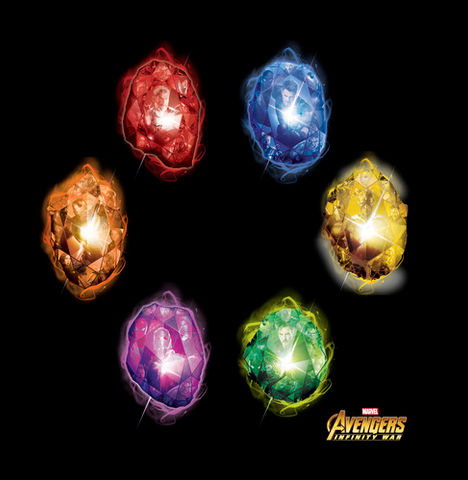 All six of the infinity stones are printed in bright colors with "Avengers: Infinity War" logo printed at bottom right