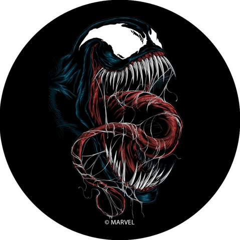 Venom "smiles" that shows off the alien's sharp teeth, long tongue, and saliva