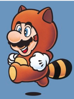 Mario skip along happily, all dressed in his magical Tanooki Suit