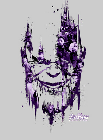 Thanos is printed in a cool purple streak style, with the Avengers characters decorating the graphic to make the outline of his face