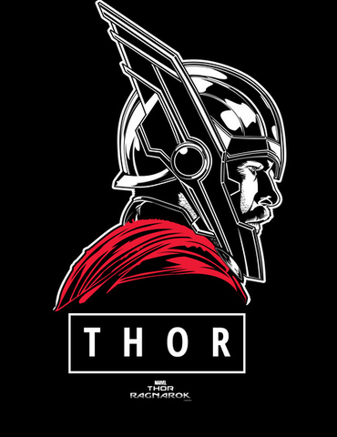 A white and red print of Thor shows the hero in a classic profile with "Thor" below