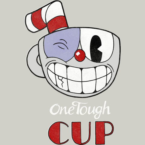Face of Cuphead with a wink and the text, "OneTough Cup" below