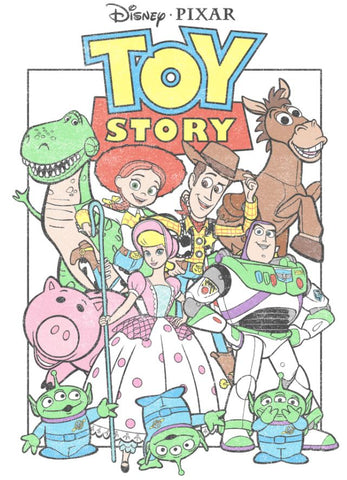 Classic Toy Story drawing with all of the characters grouped together in them middle. Toy Story logo is found above the characters