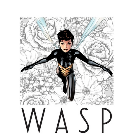 Van Dyne, or Wasp, is portrayed on a light gray background with her iconic wings flying over a backdrop of flowers with "Wasp" printed in thin black lettering below her