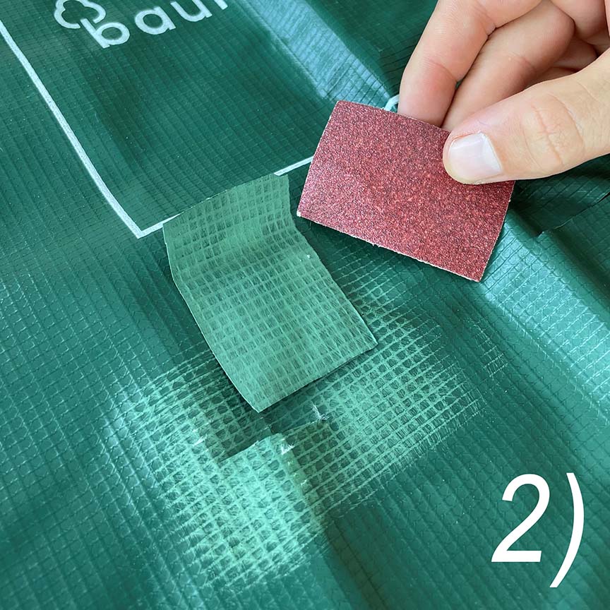 In the second step, a suitable patch is selected or cut and also roughened.