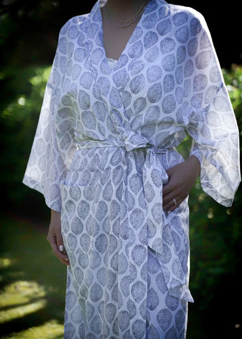 women wearing a blue India ink kimono