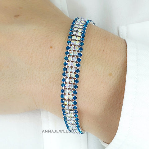 Image of Teal Blue and White Statement Diamante Crystals Sparkling Bracelet