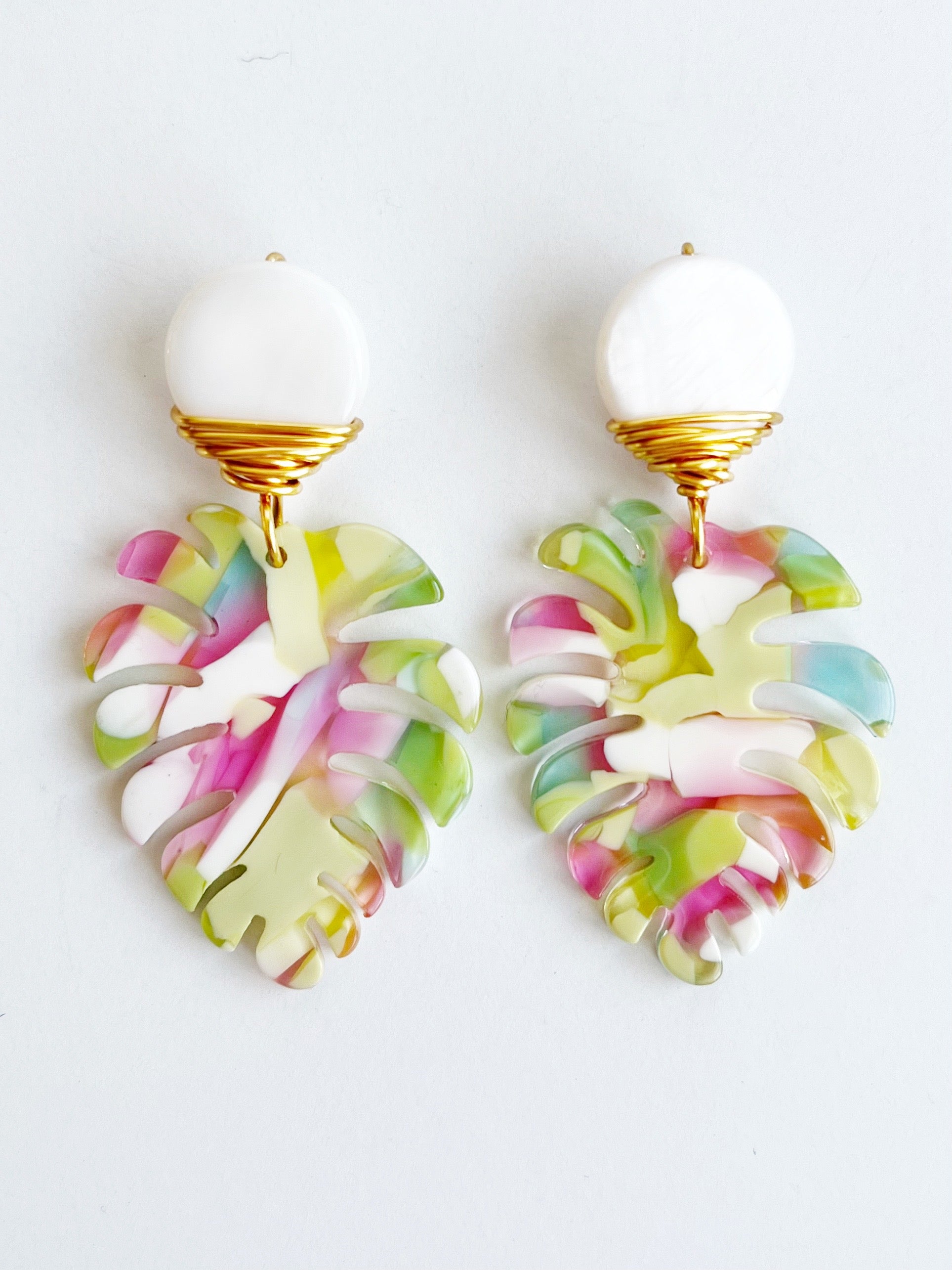 green-pink-palm-leaf-earrings
