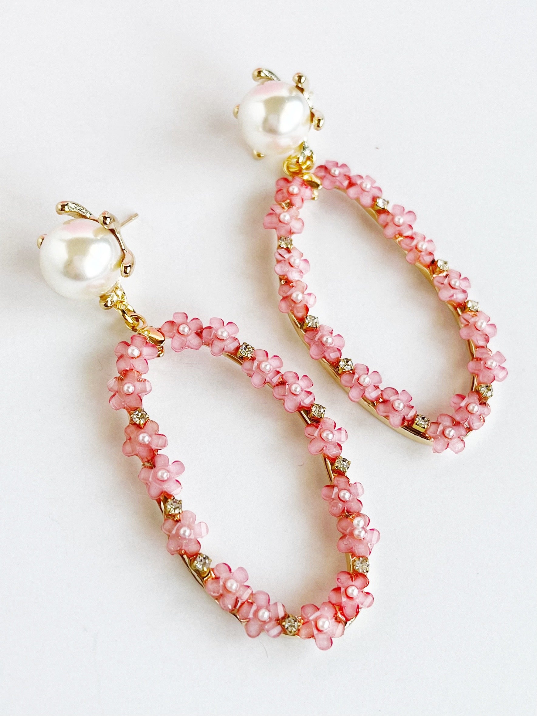pink flower and pearl pendant statement earrings