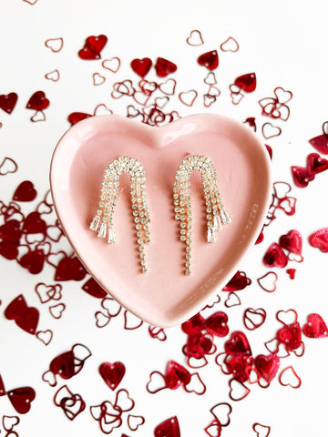 CRYSTAL FRINGE TASSEL EARRINGS in pink heart dish with red heart confetti