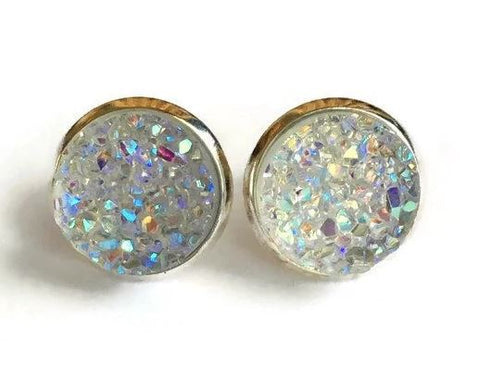 Clear crystal druzy stud earrings with stainless steel post
