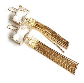 gold dangle tassel earrings with crystal