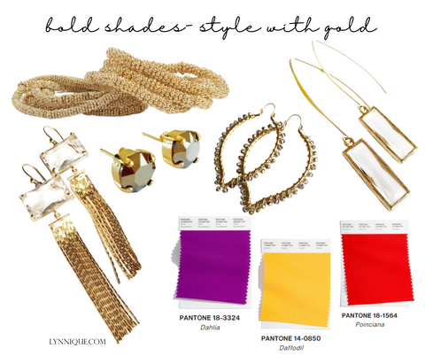 three pairs of long gold statement earrings, one pair of gold crystal studs and several gold beaded bracelets stacked. Three fabric swatches of purple, yellow and an orange/red shades. Text reads - bold shades - style with gold