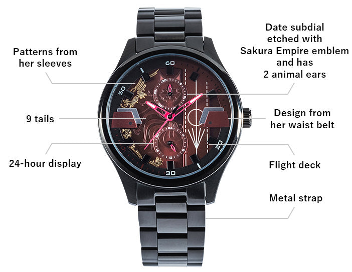 WATCH Patterns from her sleeves,Date subdial etched with Sakura Empire emblem and has 2 animal ears,9 tails,Design from her waist belt,24-hour display,Flight deck,Metal strap