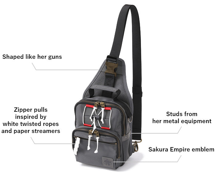 BAG,Shaped like her guns,Zipper pulls inspired by white twisted ropes and paper streamers,Studs from her metal equipment,Sakura Empire emblem