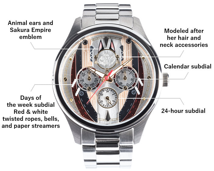 WATCH,Animal ears and Sakura Empire emblem,Modeled after her hair and neck accessories,Calendar subdial,Days of the week subdial Red & white twisted ropes, bells, and paper streamers,24-hour subdial