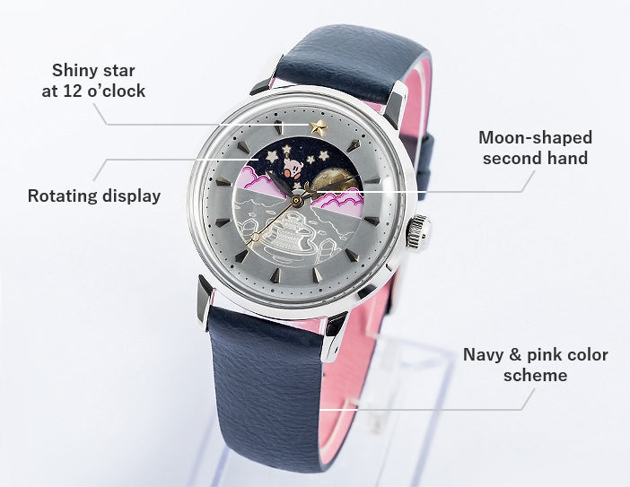 Watch Shiny star at 12 o’clock,Moon-shaped second hand,Rotating display,Navy & pink color scheme