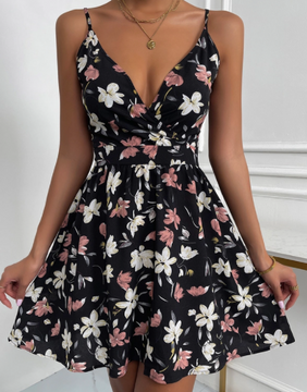 Black Floral Print V Neck Sundress