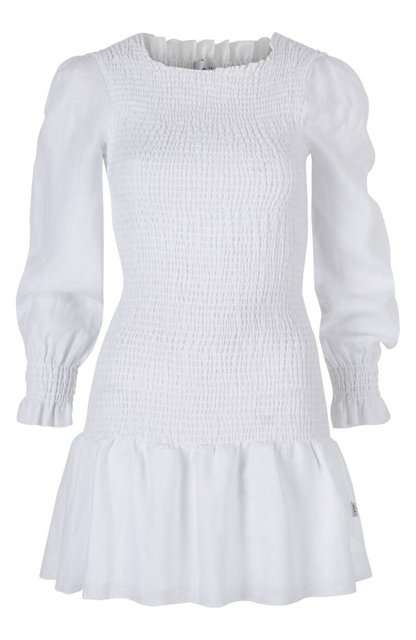 Linen white sun dress with puff sleeves, elastic and linen mix body for a close fit with a frill skirt finishing just above the knee.
