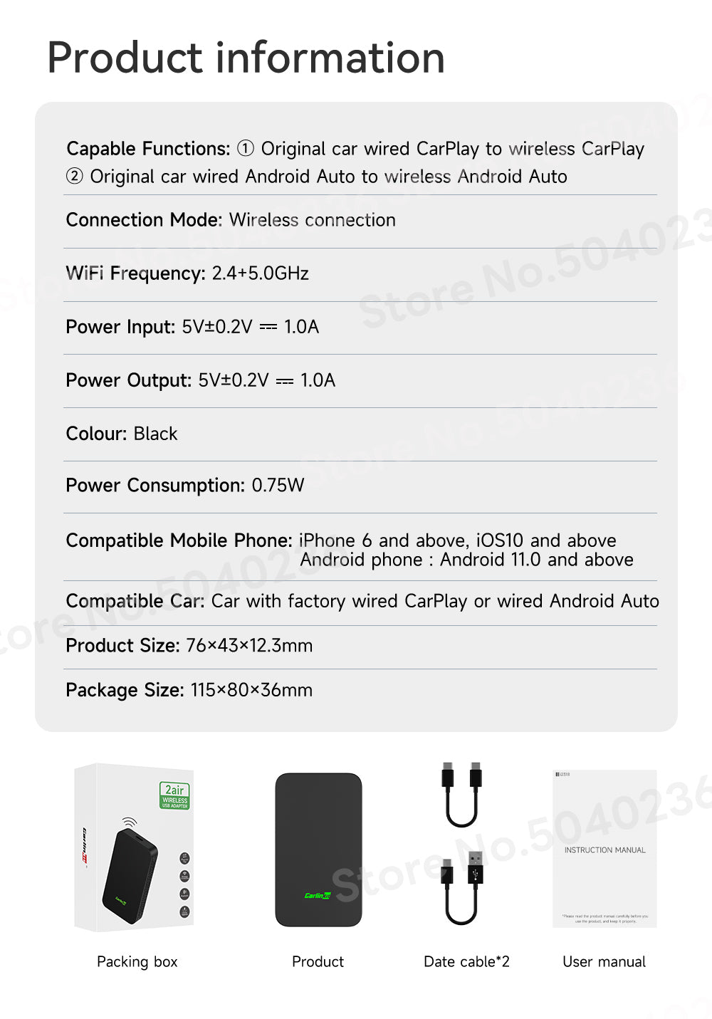 Carlinkit 5.0 2Air Wireless CarPlay Android Auto Wireless Box Two-Dual  Adapter 2-Channel Work Waze Spotify 5.8Ghz WiFi BT Siri GPS Auto