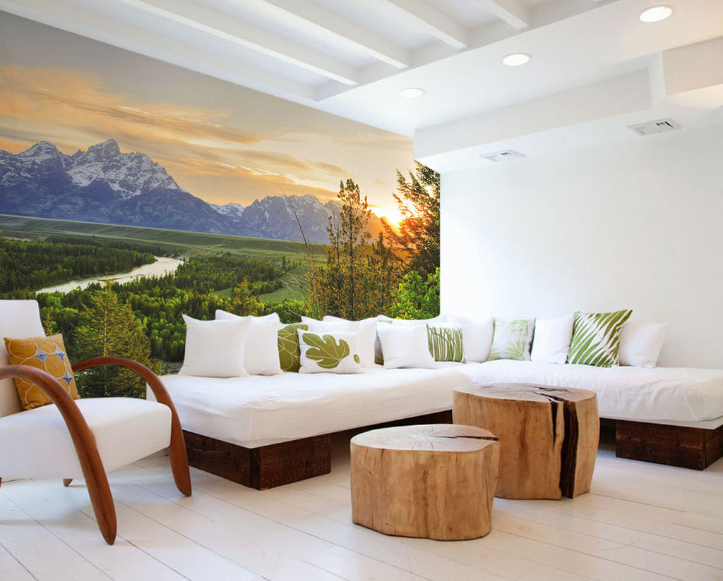 wall mural spring eco green summer wallphoto wallpaper art decor home interior design wallart grand teton spring trees sunrise