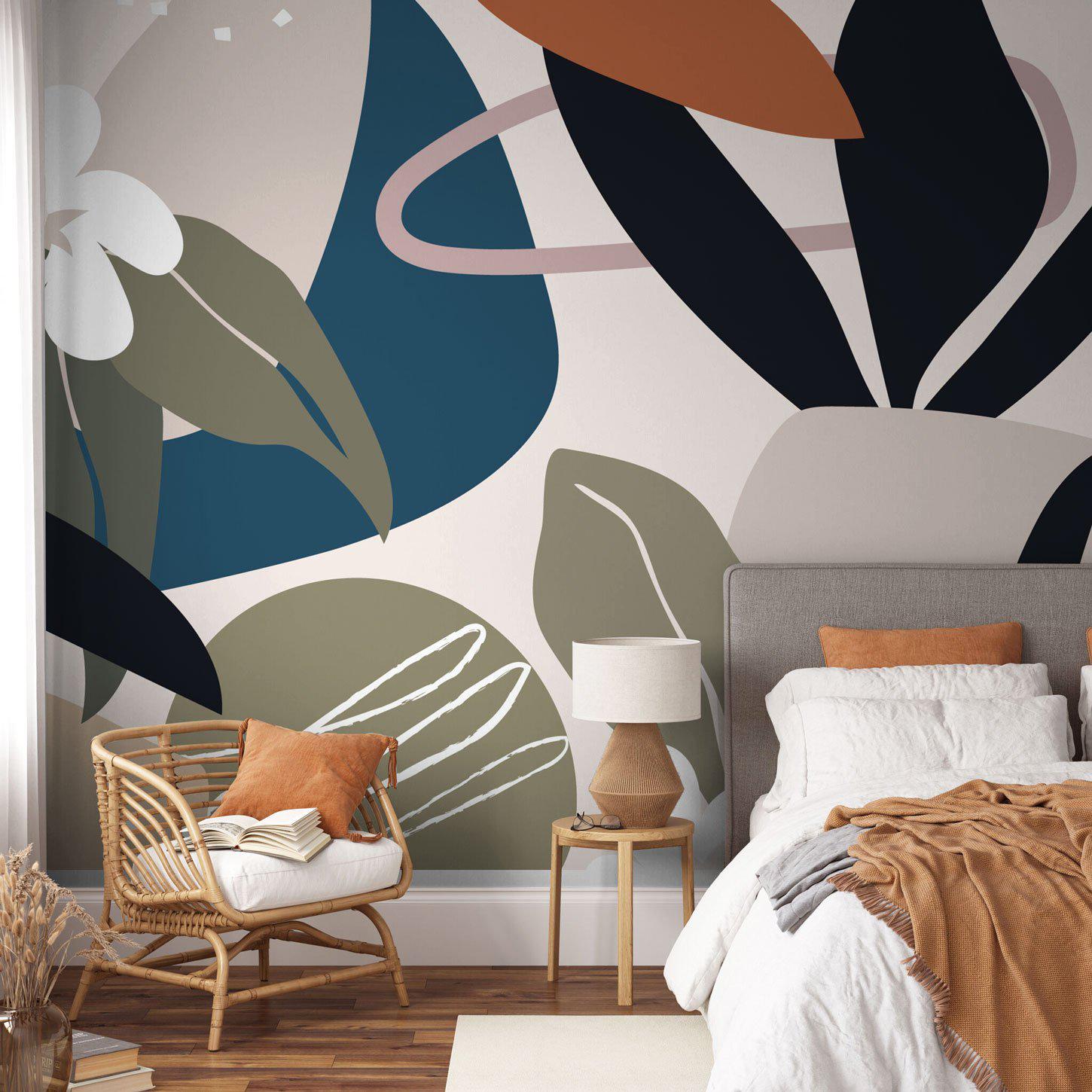 a dutch floral peel and stick wallpaper mural in a bohemian bedroom