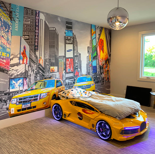 colorful city wallpaper mural for a kids room 