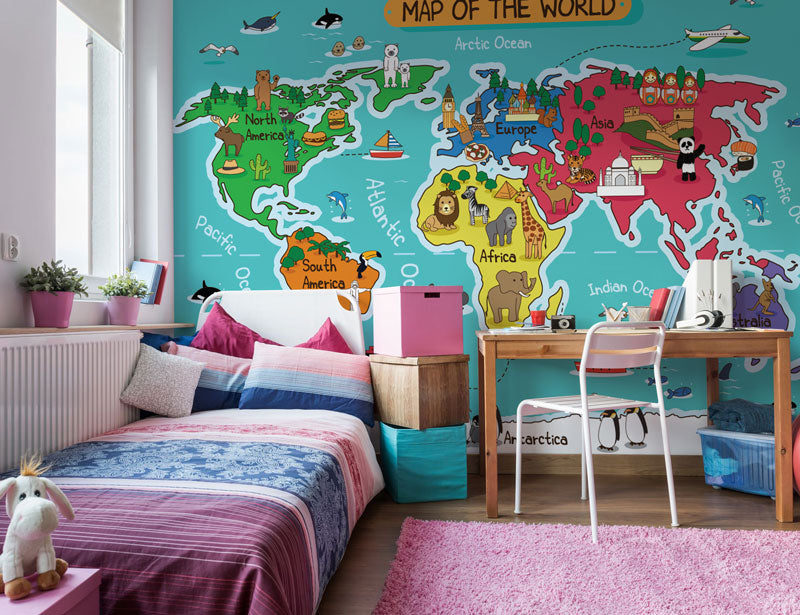 kids wall murals cartoon maps wallpaper for children world maps 