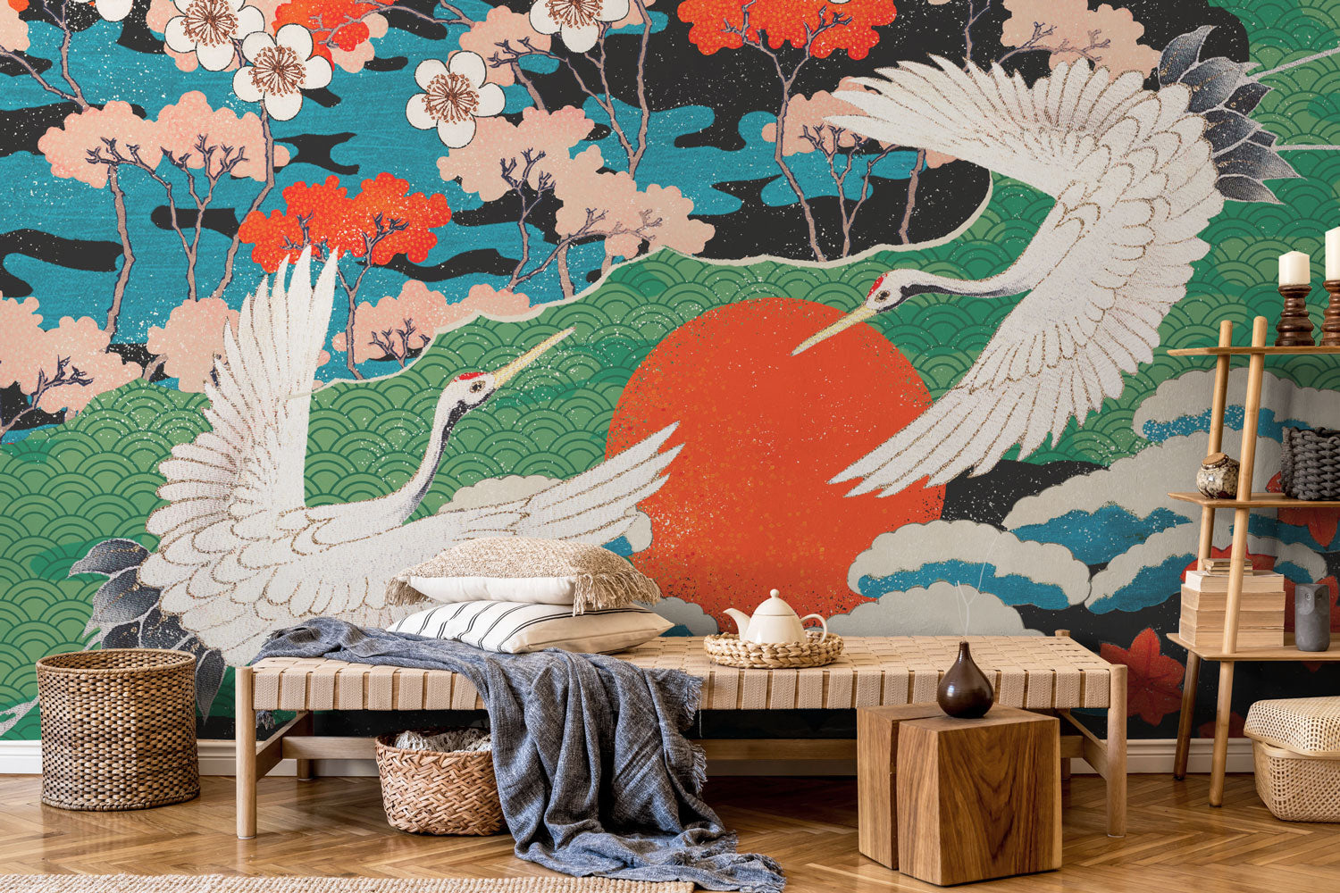 vintage japanese crane wallpaper mural 