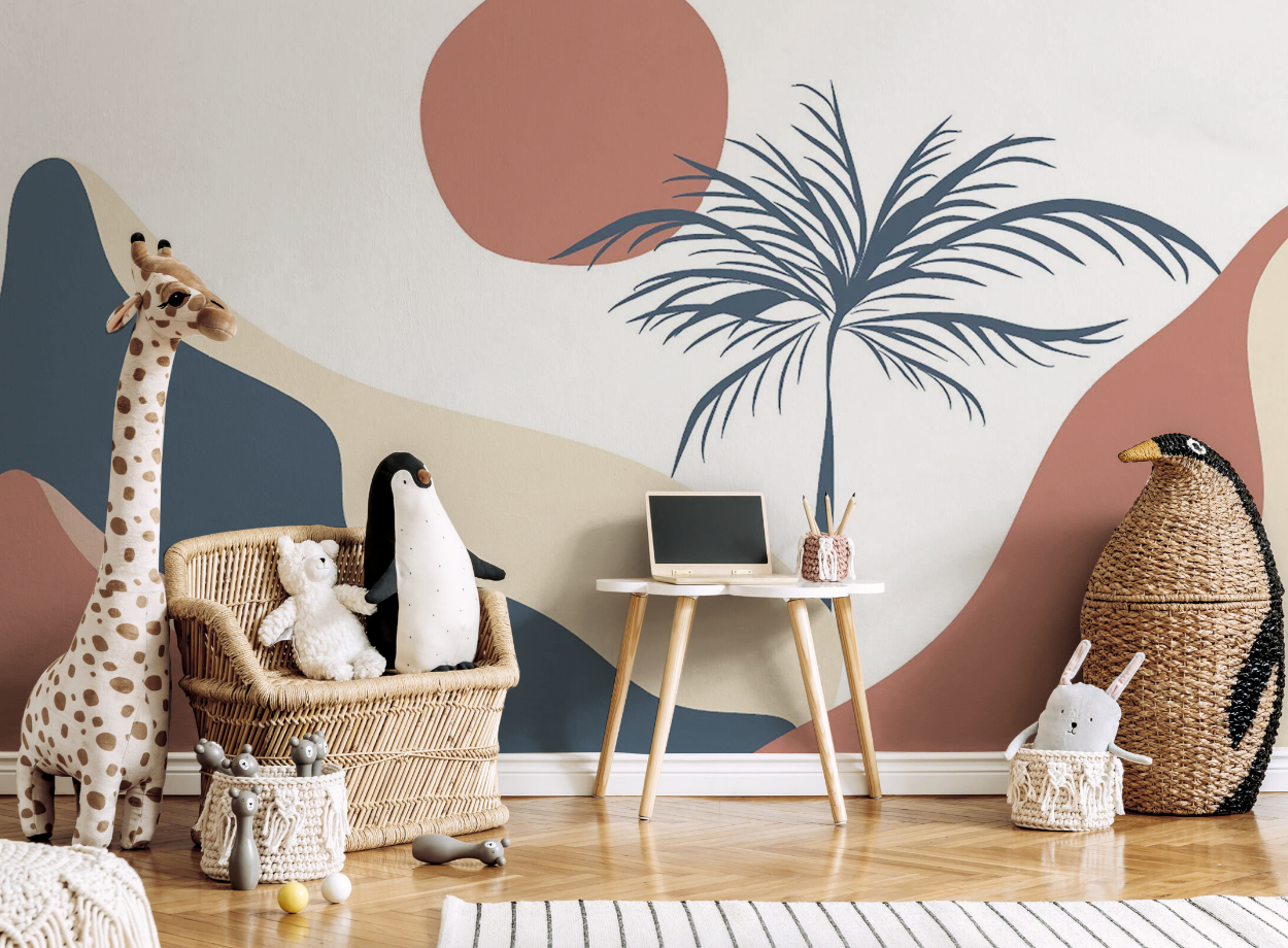 tropical desert boho style wallpaper mural for nursery room