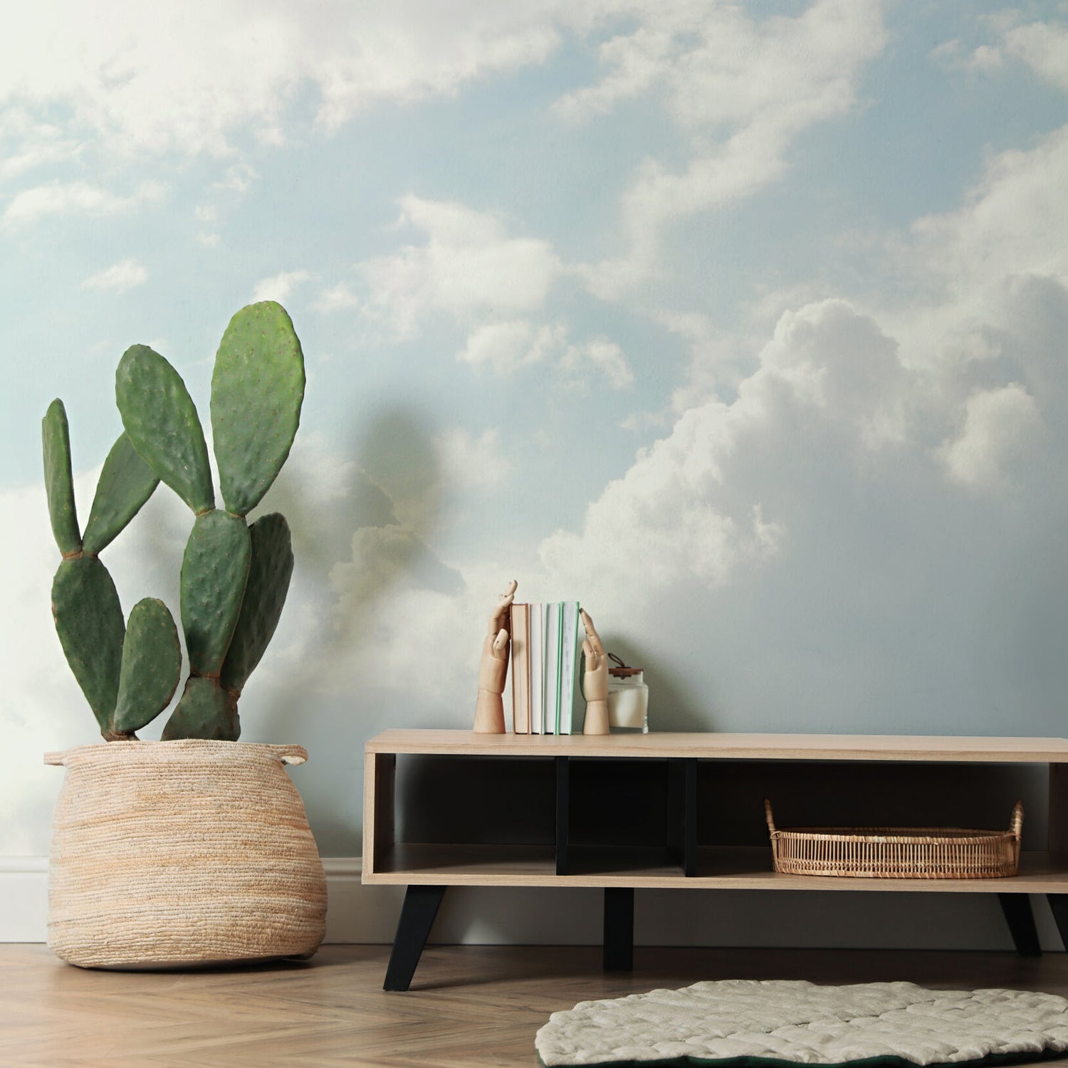 cloud and sky wall mural in a living room