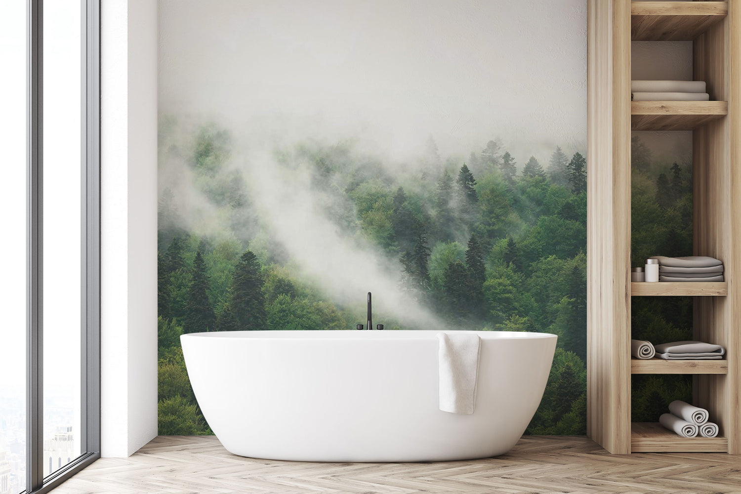 Misty forest bathroom mural wallpaper