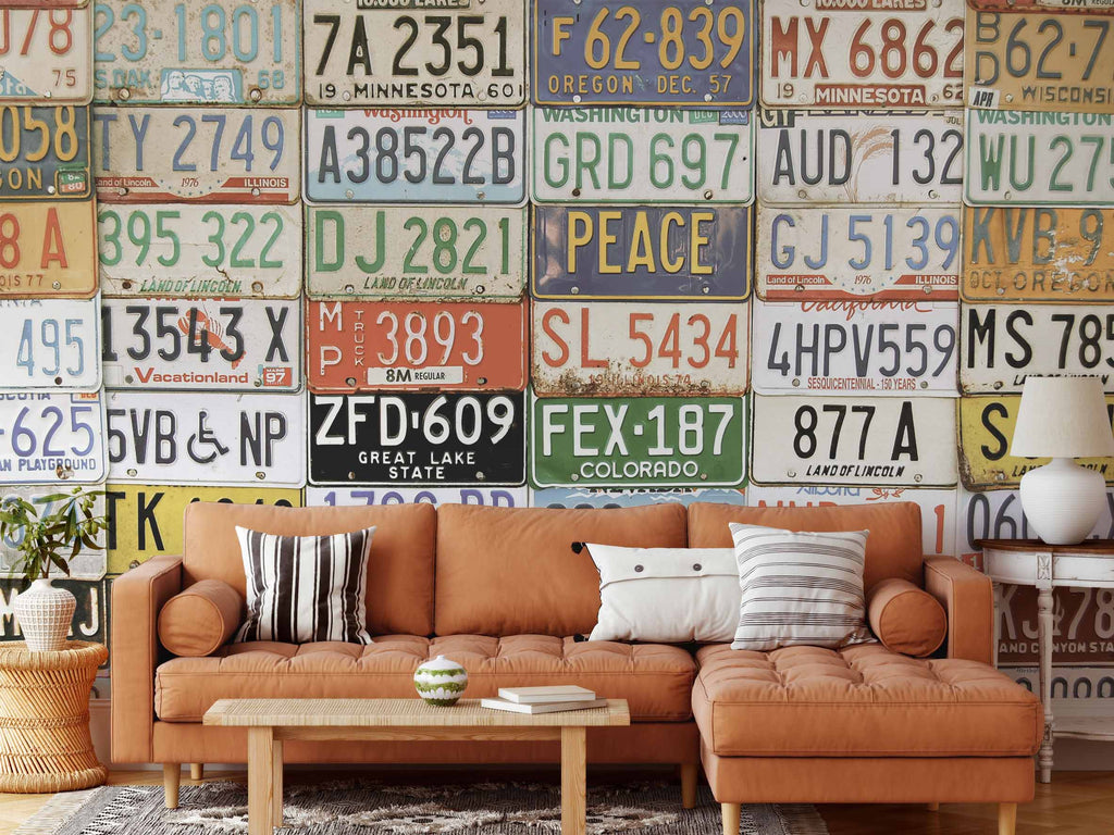 license plate collage wall mural