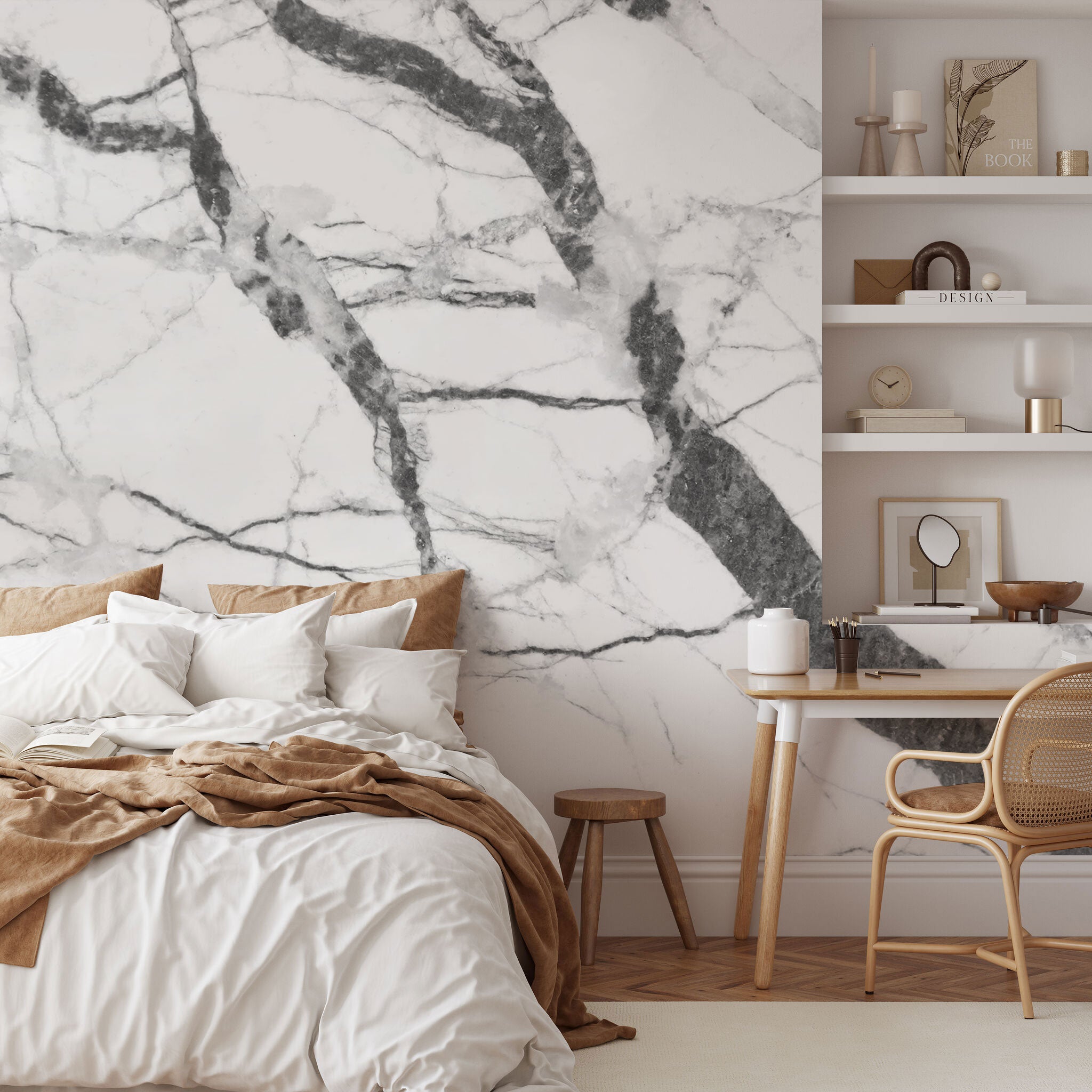 a marble wallpaper mural in a modern bedroom